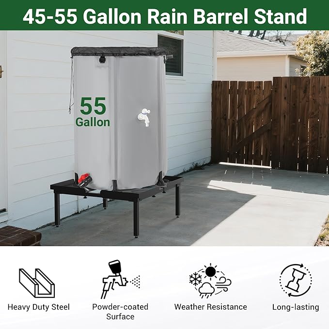 45-55 Gallon Rain Barrel Stand, Length & Width Adjustable Rain Collection Barrel Stand, Heavy-duty Steel Stand for Plastic Outdoor Rain Barrel