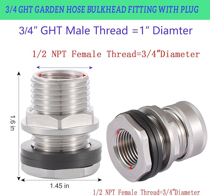 Bulkhead Fitting With Plugs（304 Stainless steel），lead-free, 1/2" Female NPT, 3/4" Male GHT (garden Hose Thread), for Rain Barrels, Aquariums, Water Tanks, Tubs, Pools, Spigot, Sinks，2 Pack…