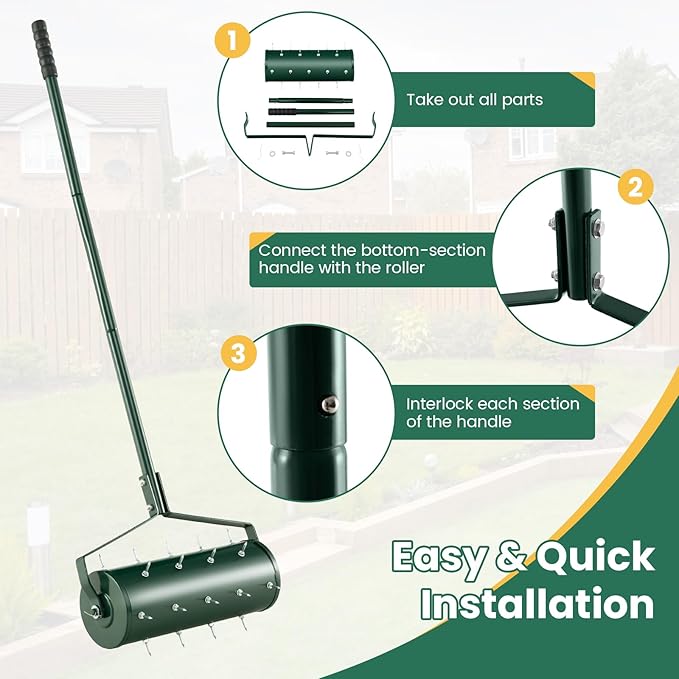 Goplus Rolling Lawn Aerator, 18-Inch Garden Yard Rotary Push Tine Filled Sand Stone, Heavy Duty Spike Soil Aeration w/Metal Handle, Fillable Drum 51" Manual Lawn Aeration Tool Garden Grass Patio Yard