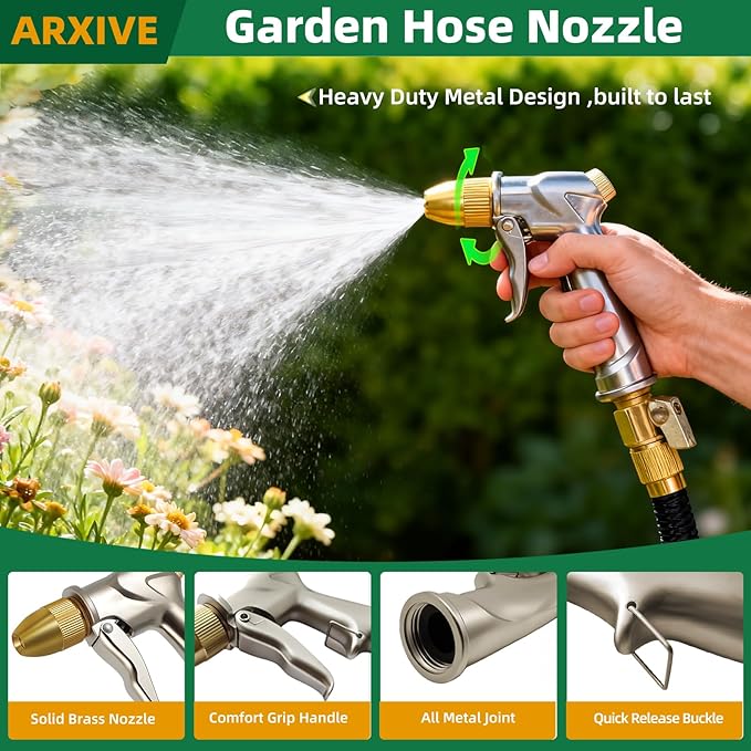 ARXIVE Garden Hose Nozzle Hand Sprayer, Heavy Duty High Pressure 100% Metal with 4 Adjustable Spray Patterns for Watering Lawn, Garden, Car Washing,Pets & Windows