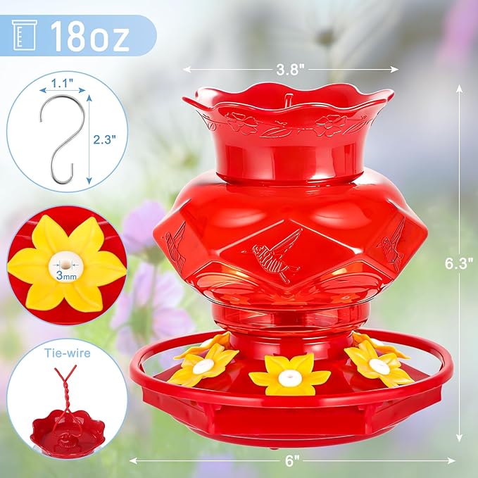 Hummingbird Feeders for Outdoors Hanging Ant and Bee Proof, 18OZ Diamond Humming Bird Feeders for Outside Circular Perch with Leak Proof & 6 Feeding Ports, Gifts for Women, Red 1 Pack Plastic