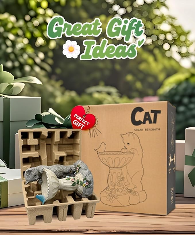 Nacome Solar Cat Statue for Garden Decor: IP44 Weatherproof Resin with Automatic Lighting - No Installation- Outdoor Yard Patio Balcony Art - Birthday Gifts for Bird Lovers Mom Grandma Women