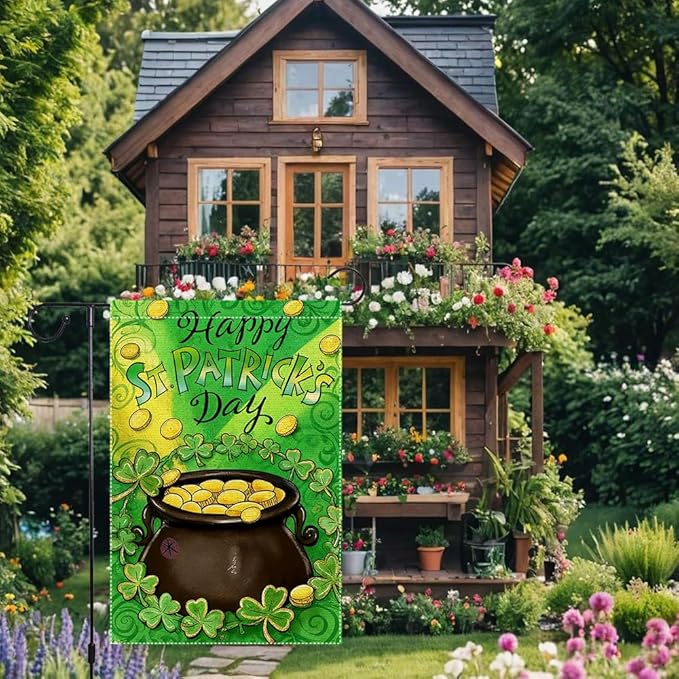 St Patrick's Day Garden Flag 12x18 Inch Double Sided Burlap Happy St Patrick's Day Pot of Gold Shamrocks Coins Outdoor Decorations Patio Irish Festival Decor