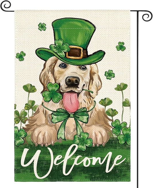 AVOIN colorlife St Patricks Day Green Hat Dog Garden Flag 12x18 Inch Double Sided, Lucky Shamrock 17 March Welcome Yard Outdoor Flag