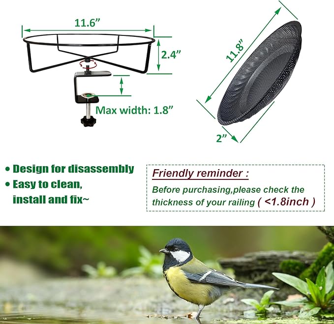 Premium Deck Railing Bird Feeder Tray for Balcony,11.8" Stainless Steel Large Platform Bird Feeder Mesh Seed Tray for Outside Wild Birds,Great Decoration for Garden Backyard