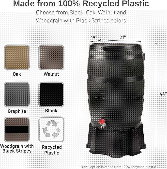 RTS Home Accents 50-Gallon ECO Rain Barrel Made with 100% Recycled Plastic, Flat Back Rain Water Collection Barrel, Stand Included, Black
