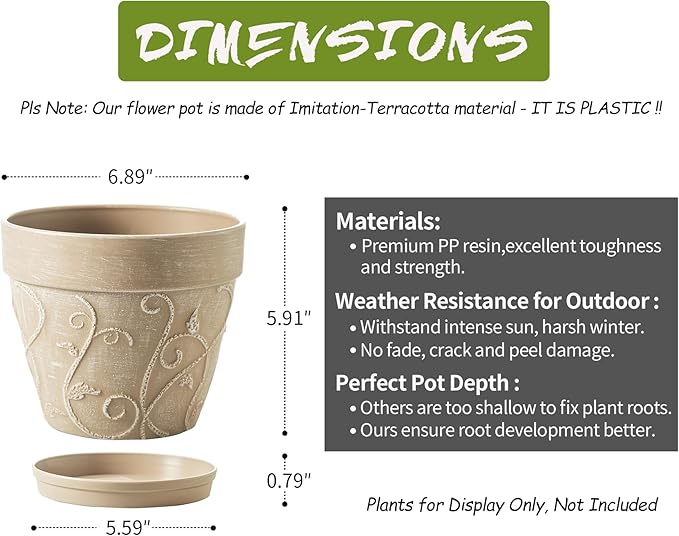 Melphoe Plant Pots Indoor with Drainage & Saucer, 2Pack 7 inch Flower Pots Outdoor Planters for Indoor Plants Garden Home Decor Cactus Succulent, Rigid Plastic (Imitation-Terracotta) Vine-Embossed