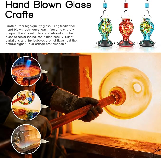 Hand Blown Glass Hummingbird Feeders for Outdoors Hanging, 24oz Wild Bird Nectar Feeder with Ant Moat and Perch, Bee-Resistant Ports, Garden Decor, Gifts for Women Mom, 1 Pack, Blue Phoenix