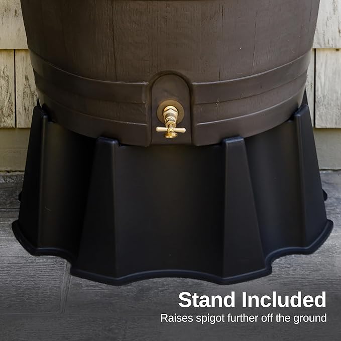 RTS Home Accents 50-Gallon Rain Barrel, Flat Back Rain Water Collection Barrel, Stand Included, Walnut Color