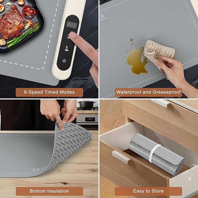 FYY Extra Large Warming Mat for Food - Rapid and Full Surface Heating, 6 Temp Settings, 6H Timer, Rollable Portable Food Warming Mat for Gatherings, Parties, Keep Meal Warm (XX Large Size, Gray)