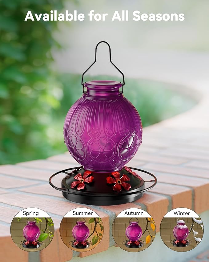 26Oz Hummingbird Feeder for Outdoors, Vintage Glass Bird Feeder with Perch, Durable & Easy to Clean, Hanging Nectar Feeder for Garden, Yard, Deck – Gifts for Women Mom (Violet)