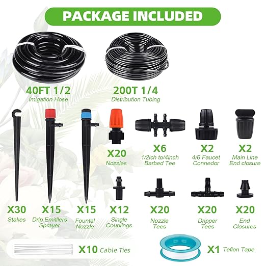 240FT Drip Irrigation System Kit for Garden, Watering System with Adjustable Nozzles, 1/2 & 1/4 inch Tubing Hose, DIY Automatic Mist Cooling for Outdoor Lawn, Patio, Greenhouse Flower Beds Lawn Grass