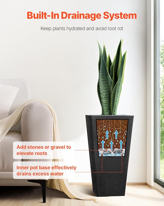 VEVOR Set of 2 Tall Outdoor Planters 22inch, Large Planters for Outdoor Indoor Plants, Black Front Porch Planter Flower Tree Plant Pots with Modern Design and Built-in Drainage