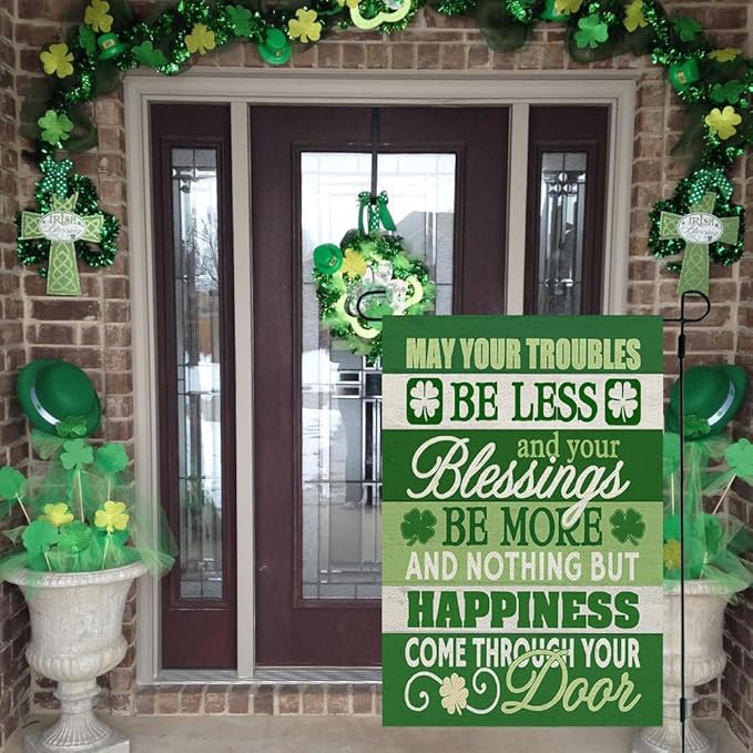 CROWNED BEAUTY St Patricks Day Blessing Garden Flag 12x18 Inch Double Sided for Outside Small Burlap Green Shamrock Holiday Yard Flag