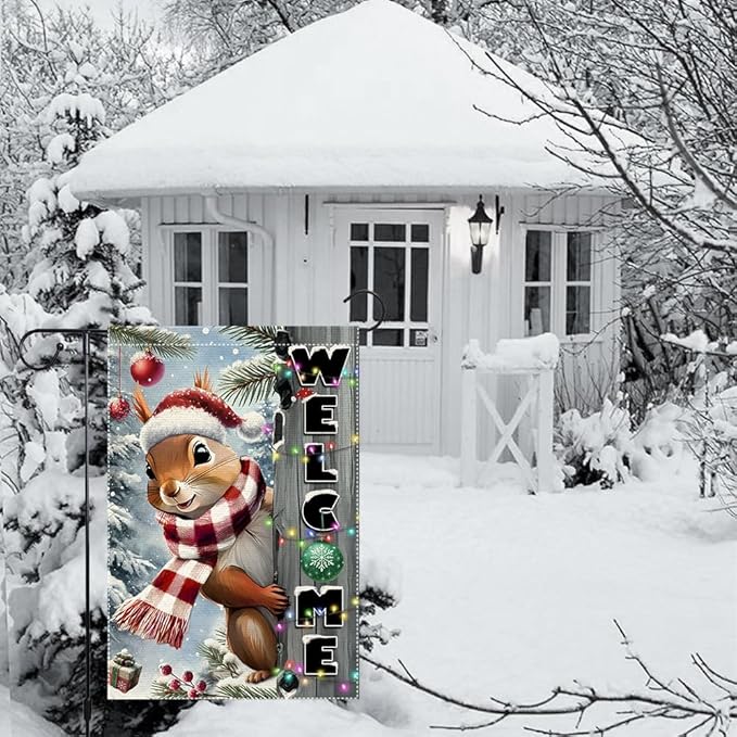 Christmas Garden Flag 12x18inch The Nut Squirrel Welcome XMAS winter Garden Flags Yard Porch House Flag Double-Side For Home Outdoor Yard Patio Lawn Decor,Happy New Year merry Christmas banners for outside Decorations (RMQ-85, 12"X18")