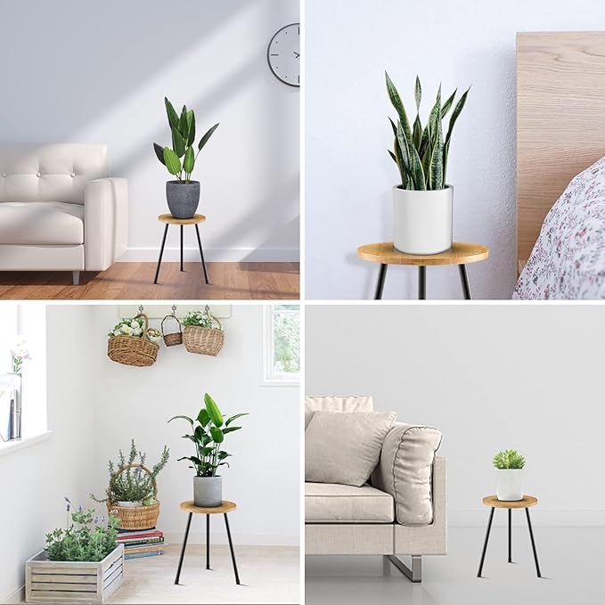 Indoor Plant Stand, Mid Century Wood Plant Stand Plant Table for Flower Pots, Tall Metal Plant Holder, Modern Home Decor Small Round Side End Table (11.8"x16")