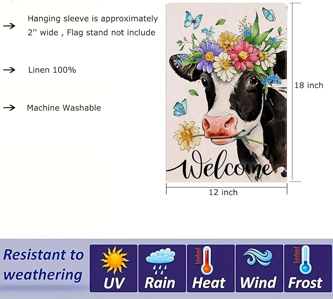 Spring Welcome Cow Garden Flag 12 x 18 inch Double Sided Outside decorations,Funny Cute Animal Flower Butterfly Small Garden Flags For Outdoor Yard Lawn