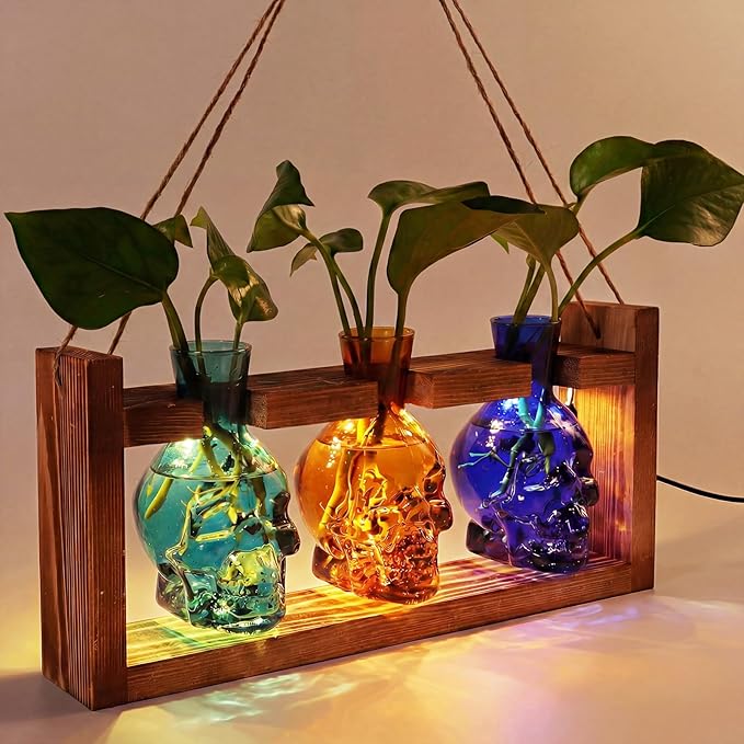 Skull Plant Propagation Station with LED Lights - Halloween Decor Skull Planter, Hydroponics Pot for Office, Unique Gifts for Women & Plant Lovers(3*Mixed Color)
