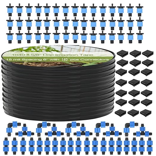 1640 ft 5/8" Drip Irrigation Tape Kit 15 mil Emitter Spacing 6" Flat Drip Tape with 140 PCS Drip Tape Connectors Automatic Irrigation Equipment for Garden Irrigation Emitter Flow:0.79 GPH