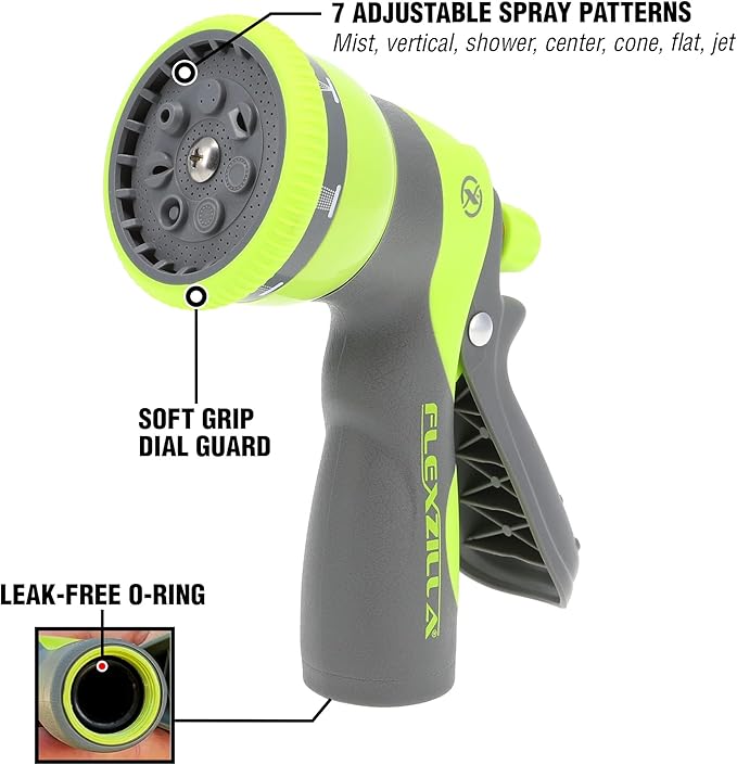 Flexzilla Heavy Duty 7-Pattern Adjustable Pistol Grip Garden Hose Nozzle Sprayer with Multiple Spray Settings & Durable Design
