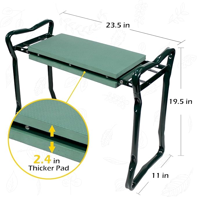 MaxWorks 51033 Folding Garden Kneeler Stool with 8 inch Wide Kneeling Pad, with 1 Tools Pouch for Planting and Gardening