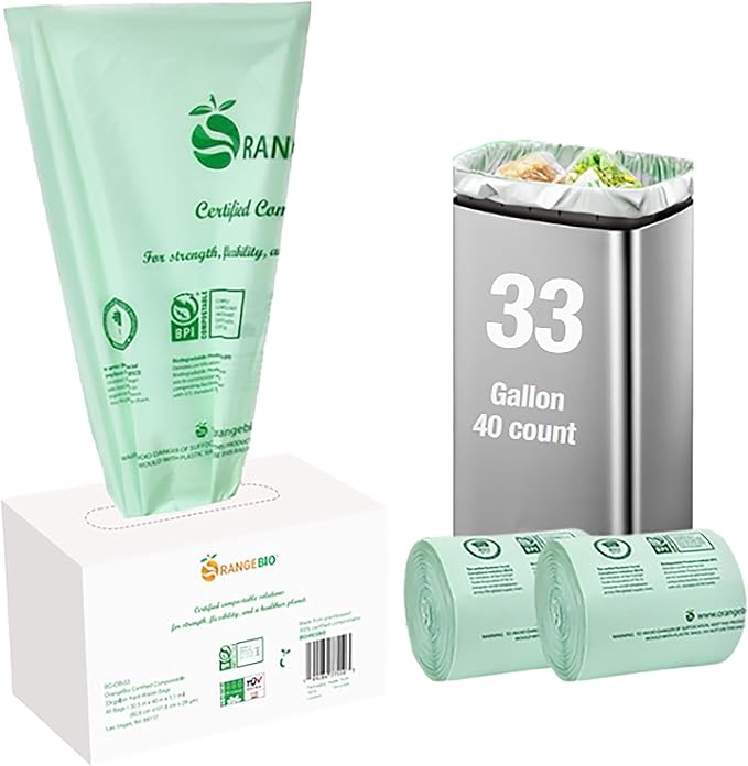 OrangeBio 33 Gallon Compostable Trash Bags, 40 Count, Heavy Duty Yard Waste & Lawn Bags, Plant-Based Garbage Bags, BPI ASTM D6400 & TÜV OK Compost Home Certified