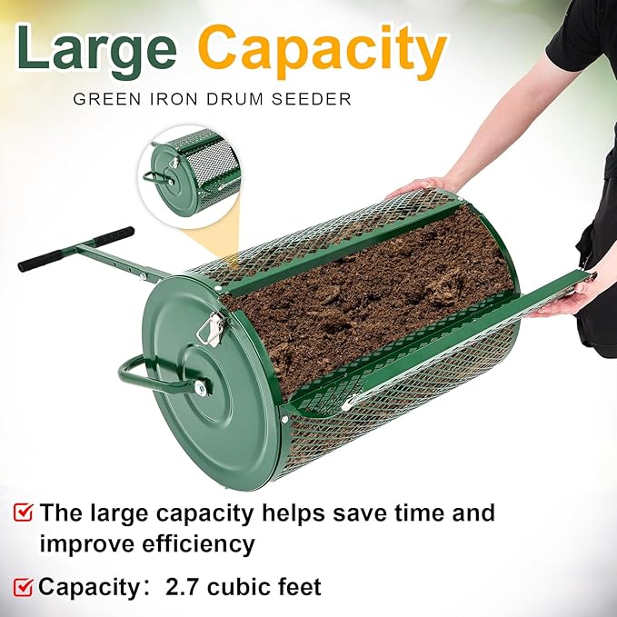 Hiboom 36 Inch Compost Spreader, Peat Moss Spreader, Manure Roller with Adjustable T Shaped Handle, Lightweight Metal Mesh for Lawn Garden Spreading Manure Topsoil (Green)