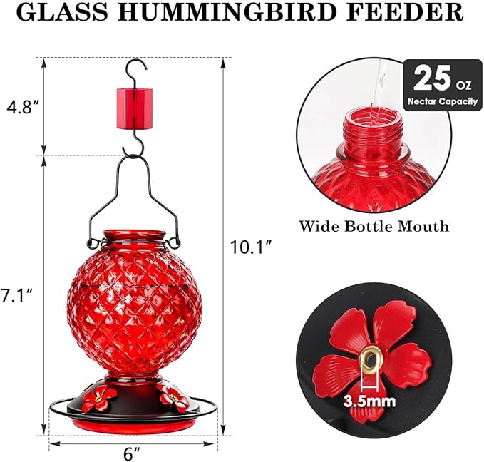 Glass Hummingbird Feeder for Outdoors Hanging, 25 OZ Humming Bird Nectar Feeder with 4 Bee Guard Feeding Ports & Built-in Ant Moat, Bird Feeder for Outside, Gifts for Women Mom, Red