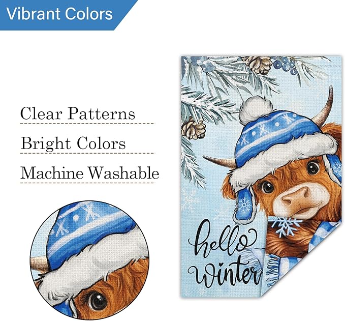Louise Maelys Hello Winter Garden Flag Highland Cow Snowy 12x18 Inch Double Sided Welcome Christmas Xmas Tree Holiday Seasonal Small Burlap Yard Sign Outdoor House Decor