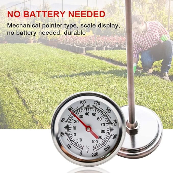 Long Stem Compost Soil Thermometer - Fast Response Stainless Steel 20 Inch - Measuring Probe - Fahrenheit and Celsius