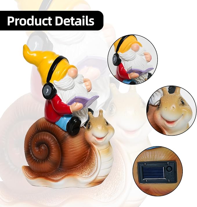 Ferrisland Garden Gnomes Snail Outdoor Figurines with Solar Lights, 10.4 inches Resin Solar Gnomes Decoration Yard Outdoor Garden, Patio Yard Lawn Birthday Housewarming Mother's Day（Gnome on Snail）