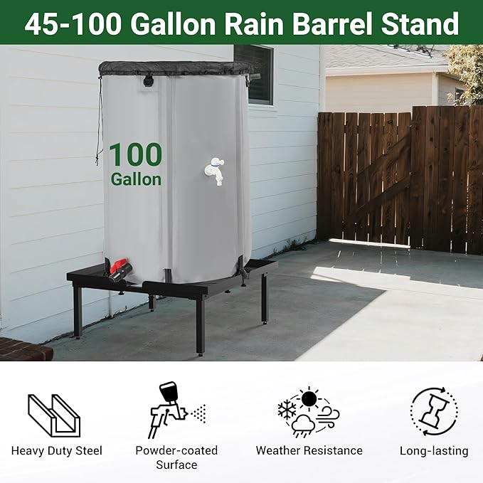45-100 Gallon Rain Barrel Stand, Length & Width Adjustable Rain Collection Barrel Stand, Heavy-duty Steel Stand for Plastic Outdoor Rain Barrel
