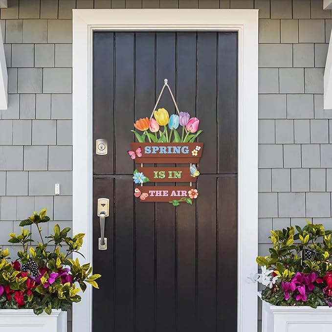 HOURIA Spring Is In The Air Wooden Door Sign(12”x14”),Colorful Tulip Flower Butterfly Spring Wall Hanging Sign,Garden Gifts,Spring Decorations for Home Garden Porch