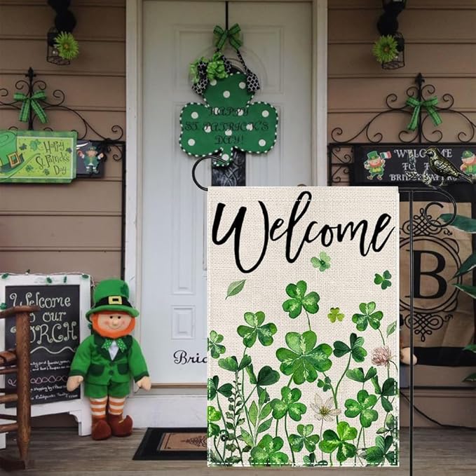 GEEORY St Patricks Day Shamrocks Garden Flag 12 x 18 Inch, Floral Clover Double Sided Decorative Flag For Outside Yard Lawn Outdoor Decoration
