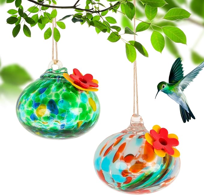 2 Pcs Blown Glass Hummingbird Feeder for Outdoors Hanging, Ant & Bee Resistant Window Bird FeederHandmade Garden Decor Gift for Women - Small Round Glass Feeders Bundle (Ellipse A2)