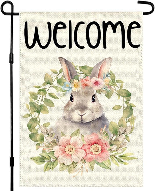 Happy Easter Wreath Bunny Garden Flag 12x18 Inch Double Sided, Easter Holiday Yard Outdoor Decoration, Outside Farmhouse Holiday Decors for Spring