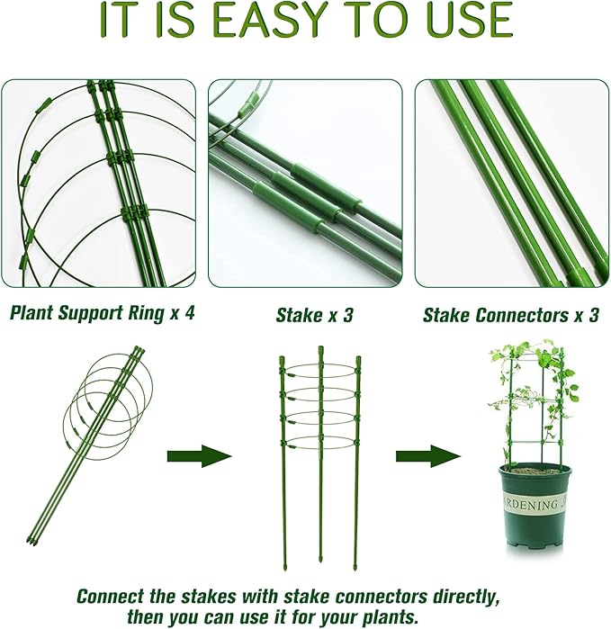 Legigo 3 Packs Plant Support Cages Tomato Cage for Garden- 36 Inch Adjustable Garden Cucumber Trellis Plant Stakes, Trellis Support Rings for Climbing Plants, Pots, Indoor Plants with 10 Plant Clips
