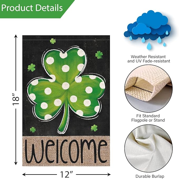 Louise Maelys St Patrick's Day Garden Flag Shamrock Welcome Double Sided 12x18 Inch Small Burlap Happy Spring Holiday Yard Outdoor Outside Home Decoration Sign