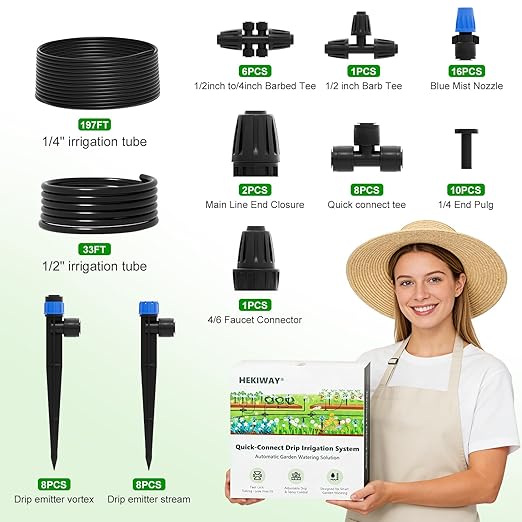 2026 Upgrade 230FT Quick-Connect Drip Irrigation System Kit with 1/4” & 1/2” Fast-Lock Tubing, Adjustable Emitters & Sprinklers for Garden & Greenhouse