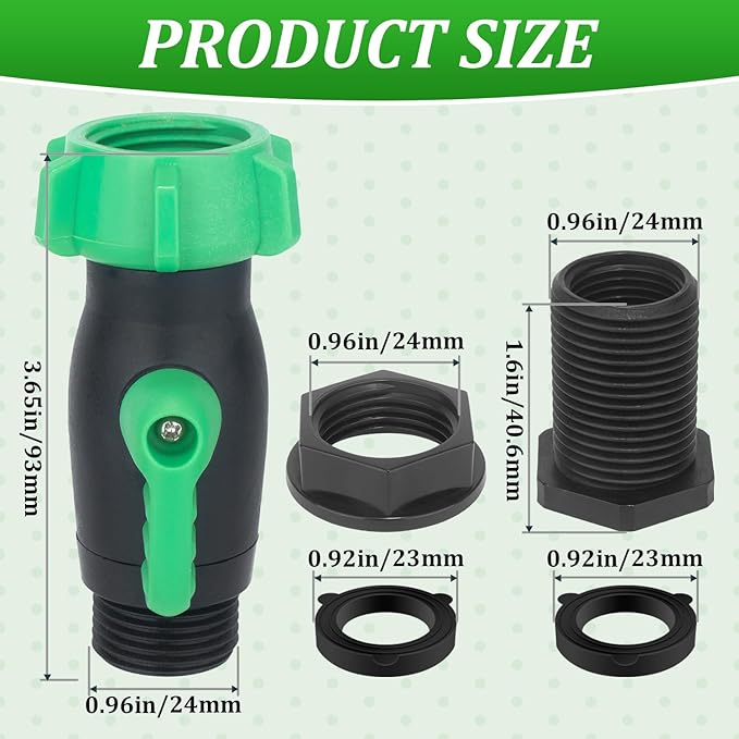 2 Pack Rain Barrel Spigot Kit, 3/4" GHT Heavy Duty Plastic Water Hose Shut Off Valve with Bulkhead Fitting, Garden Hose Shut Off Valve with 4 Gasket, 2 Traction Rope and Tape