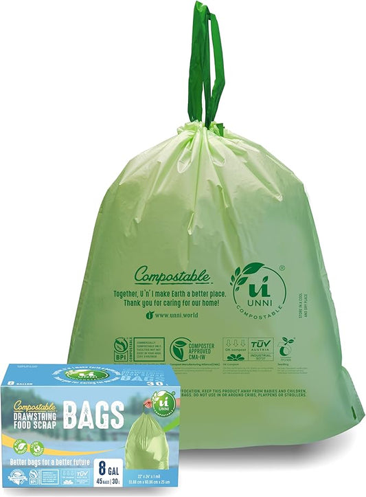 UNNI Compostable Drawstring Bags, 6-8 Gallon, 23-30 Liter, 45 Count, Heavy Duty 1 Mil, Medium Food Scrap Waste Bags, ASTM D6400, US BPI, CMA & Europe OK compost Certified, San Francisco