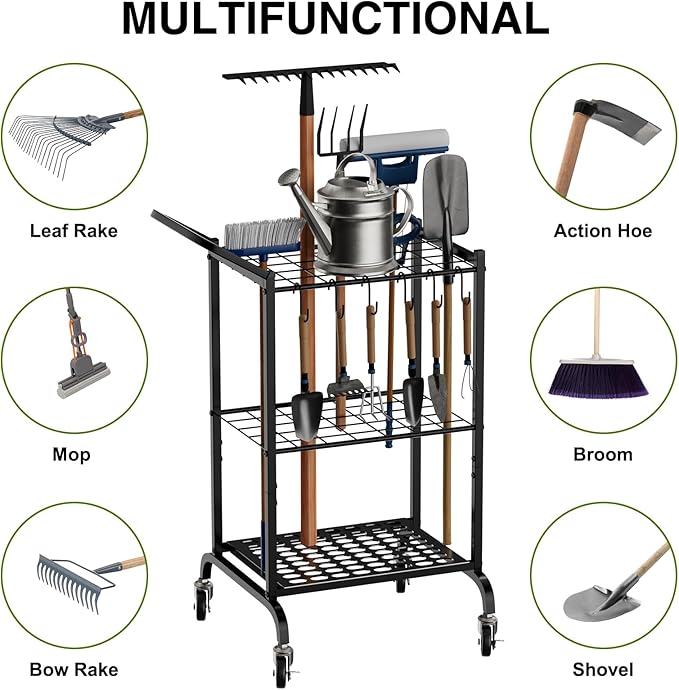 Garden Tool Organizer with Wheels, Yard Tool Tower Rack for Garage Organization and Storage, Up to 35 Long-Handled Tools,Metal Tool Holder with 6 Hooks, Black