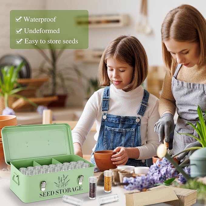 60 Slots Seed Storage Box with 4 Dividers, Metal Seed Storage Organizer Saving Box, Seeds Packet Container, Professional All-in-one Kit with 60 Seeds Envelopes and Label Stickers