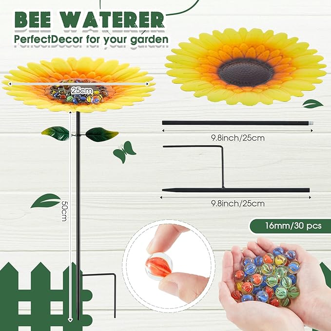 Tandefio Vivid Flower Bee Watering Station Metal Butterfly Water Feeder Cup with 30 Colorful Glass Marbles Bee Feeder Butterfly Bath Bowl for Garden Outdoor Yard Decors(Yellow Red,Sunflower)