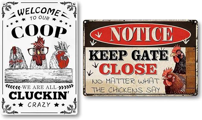 Chicken Signs 2 Pack-Metal Chicken Signs for Coop Funny Outdoor,Chicken Sign Decor for Farm Yard Fence 12x8inch