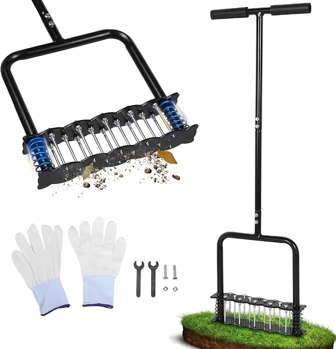 Lawn Aerator Tool,Manual Stainless Steel Spike Aerator Lawn Tool with Spring Base, Automatic Dirt and Leaf Clean Design, Adjustable T-Handle, Soil Loosening, Yard Aerating, Garden Tool Black