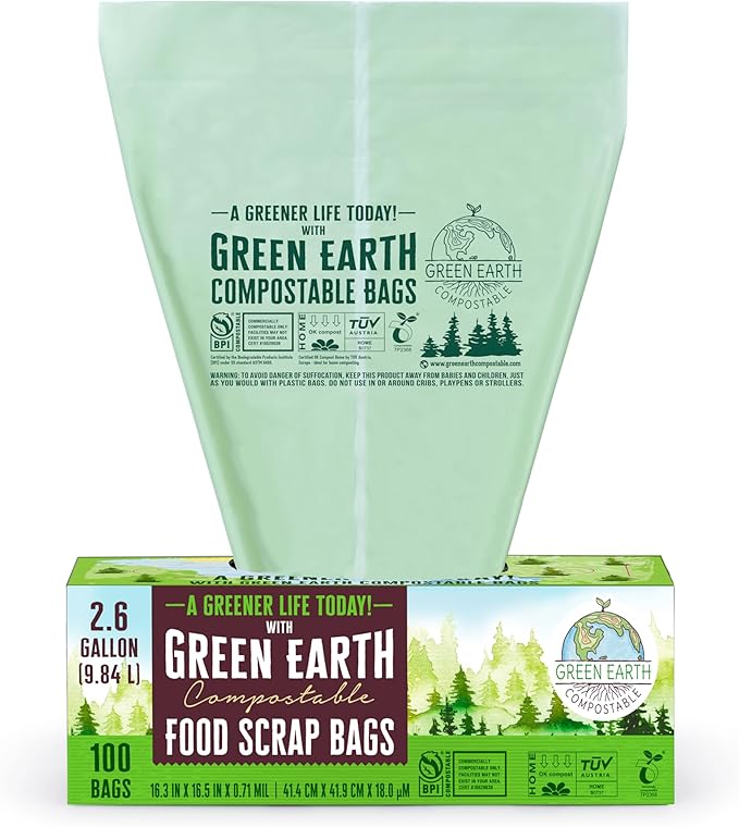 Green Earth Compostable Small Kitchen Food Scrap Trash Bags, Compost Bin Compatible, 2.6 Gallon, 10 Liter, 300-Count, Extra Thick 0.71 Mil, ASTM D6400, BPI (US) & OK Compost Home (EU) Certified