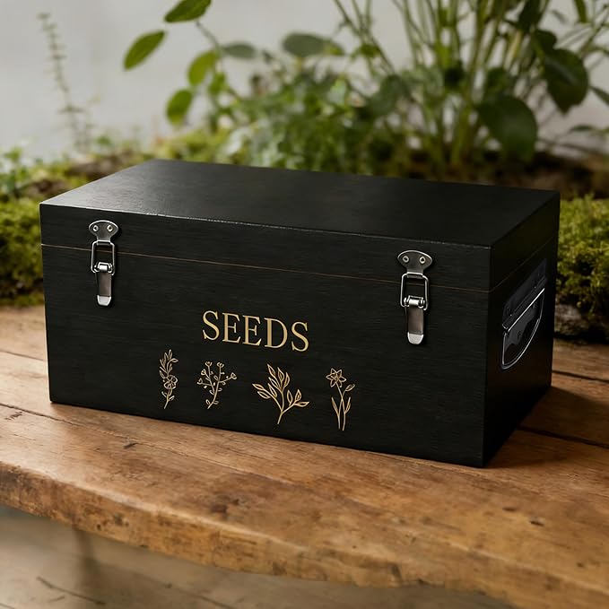 Bamboo Seed Storage Organizer, Large Garden Seed Organizer with Lid & Safety Lock & Handles, Seed Box Storage Organizer Includes Seed Envelopes and Labels etc, Great Gifts Gardening Kit (Black)