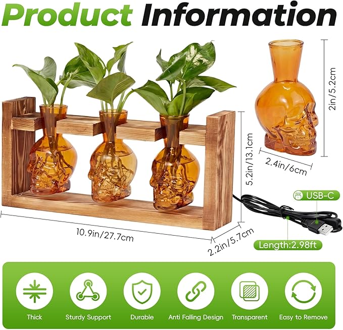 Skull Plant Propagation Station with LED Lights - Halloween Decor Skull Planter, Hydroponics Pot for Office, Unique Gifts for Women & Plant Lovers(Amber)