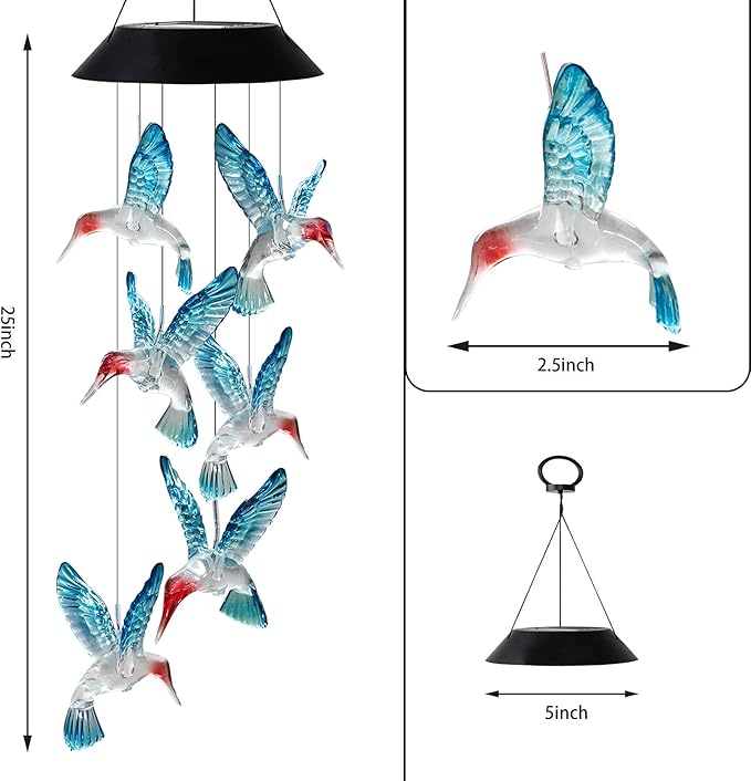 Hummingbird Solar Wind Chimes Color Changing Solared Lights Outdoor Waterproof LED Wind Chimes Solar Powered Lights for Home Party Yard Garden Christmas Decoration(Blue)